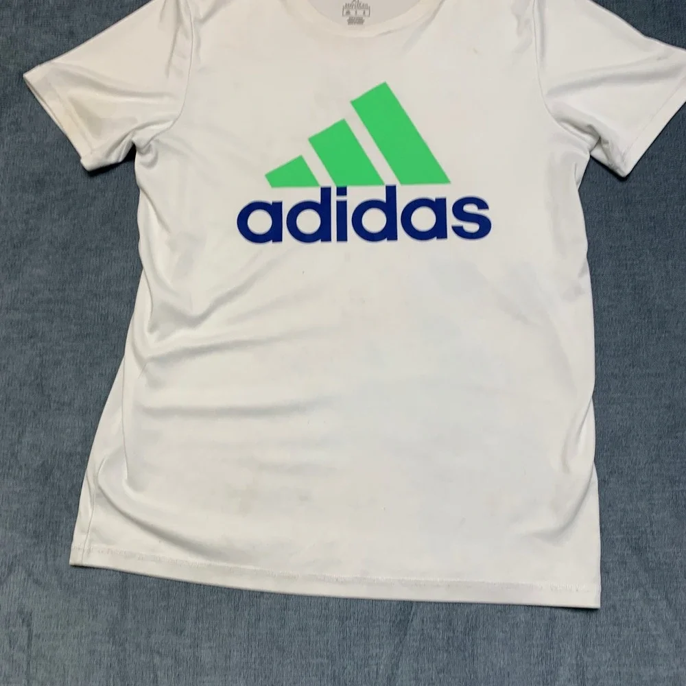 Adidas Running T Shirt Mens XL White Spellout Logo Standard Regular Fit Training
